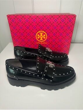 Tory Burch Black Leather Studded Logo Loafers